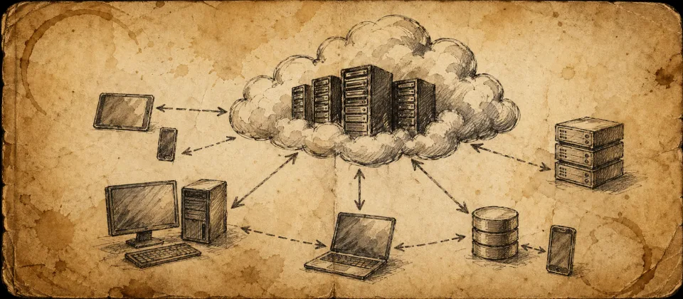 Worn notebook sketch of cloud servers and networking arrows