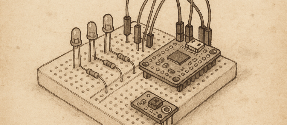 Journal illustration: a breadboard with wires, LEDs, and tiny chips sketched on worn paper
