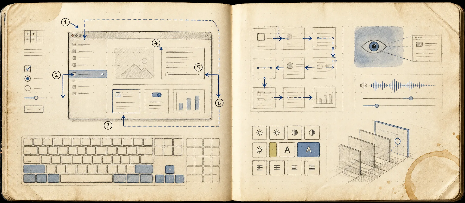 Worn journal thumbnail for the keyboard-driven GUI essay