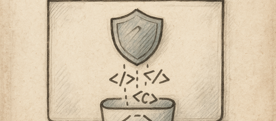 Journal illustration: a browser window with a shield and sanitized code on worn paper