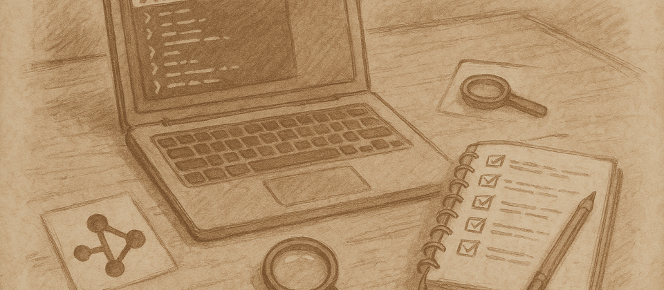 Journal illustration: a notebook of command-line tools and checklists on worn paper