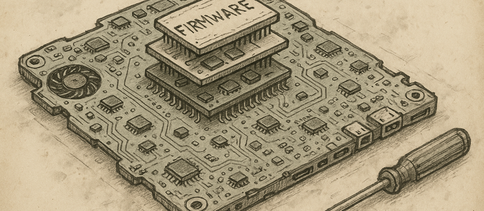 Journal illustration: a laptop motherboard with firmware layers on worn paper