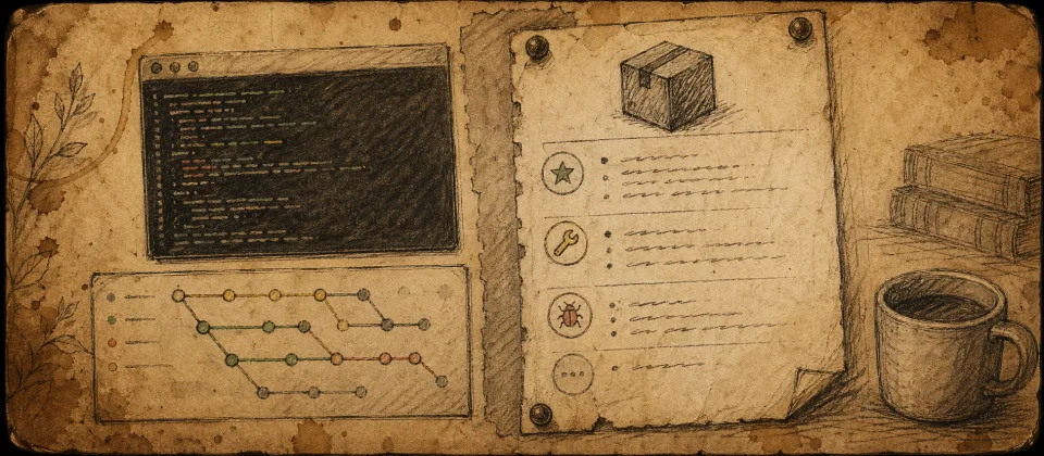 Vintage notebook illustration of git commits, branches, and release notes