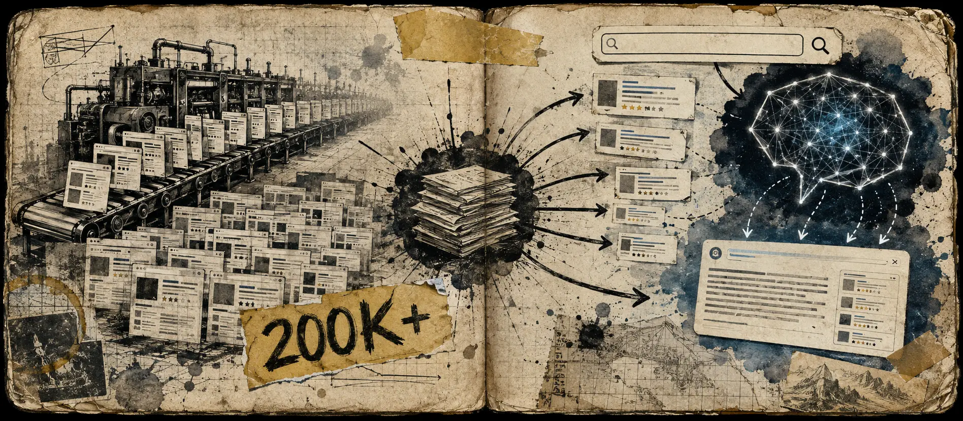 Worn journal thumbnail for the Perplexity content-mill story