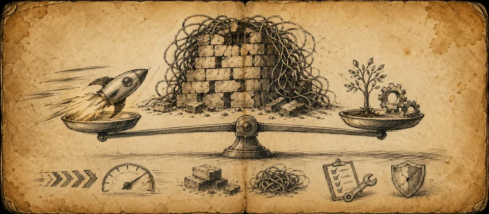 Weathered engineering journal with debt spectrum chart and tangled wires