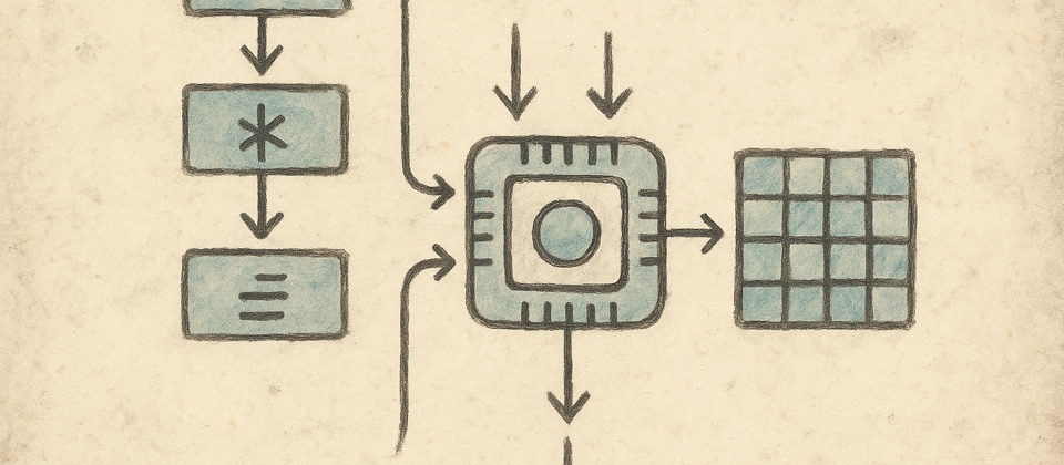 Journal illustration: CSS selectors forming a tiny CPU diagram on worn paper