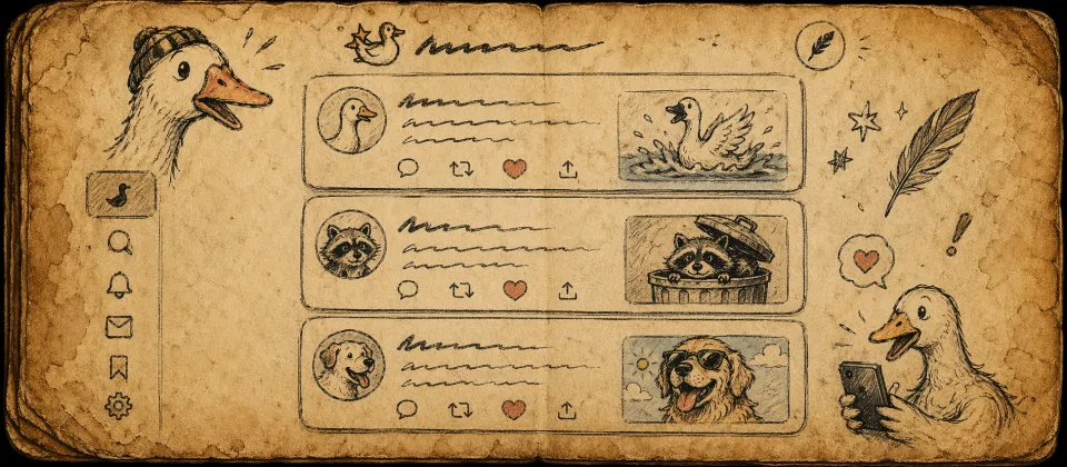 Worn notebook sketch of playful social feed cards and doodled avatars