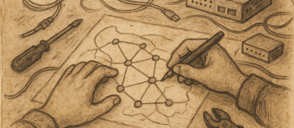 Journal illustration: quiet builders around a glowing network map on worn paper